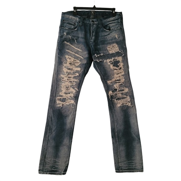 PRPS Demon Distressed Slim Fit Jeans Sz 32x34 Indigo Cotton Button Fly Ripped